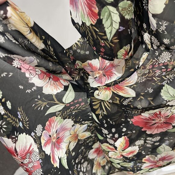 Zara Woman Floral Kimono Duster Black Sheer Size Medium M - XL Side Slits Drape - Picture 6 of 11